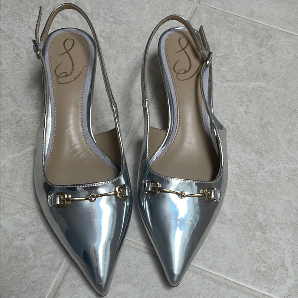 Metallic Silver Pointed Toe Slingback Flats with Horsebit Detail